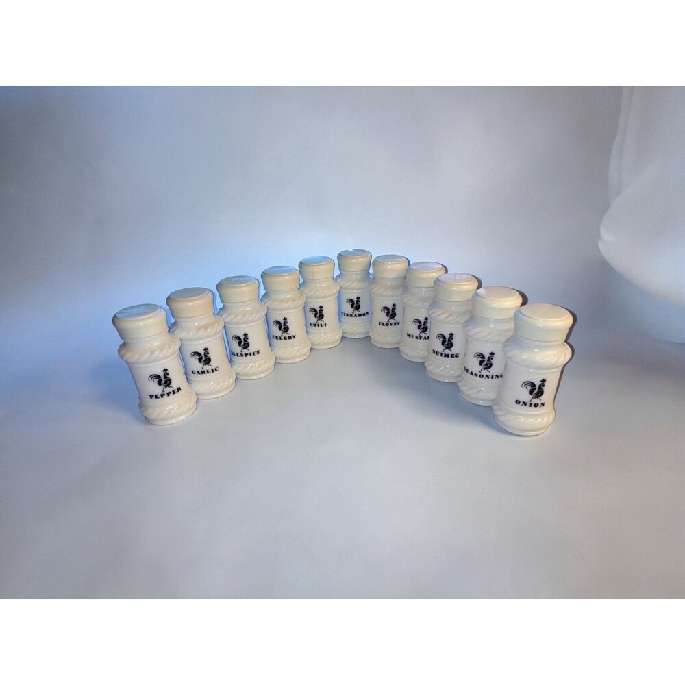 Hazel Atlas Milk Glass Spice Jars Black Roosters 11 Mid Century - Picture 3 of 8